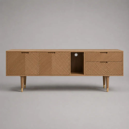 Meuble TV bas en MDF plaqué frêne avec 2 portes, 2 tiroirs et 1 niche, chêne naturel et laiton, 180 × 40 × 70 cm