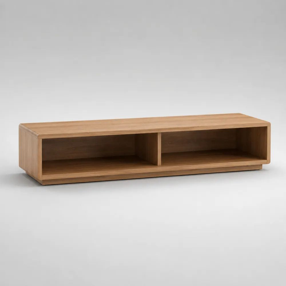 Meuble TV bas rectangulaire en MDF plaqué chêne, marron clair et marron moyen, 2 niches, 140 × 40 × 40 cm