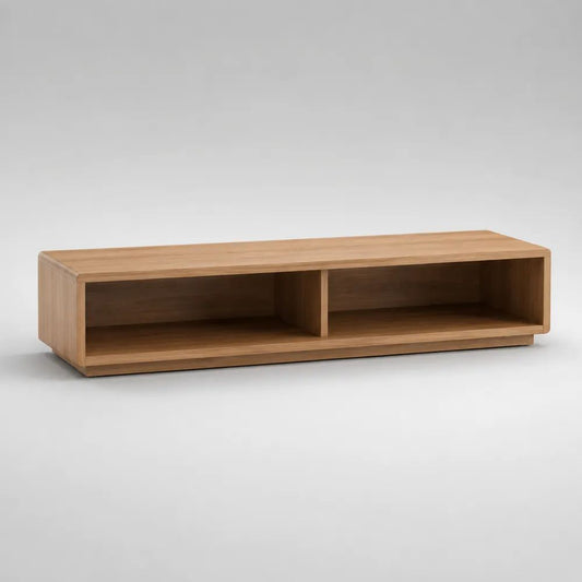 Meuble TV bas rectangulaire en MDF plaqué chêne, marron clair et marron moyen, 2 niches, 140 × 40 × 40 cm