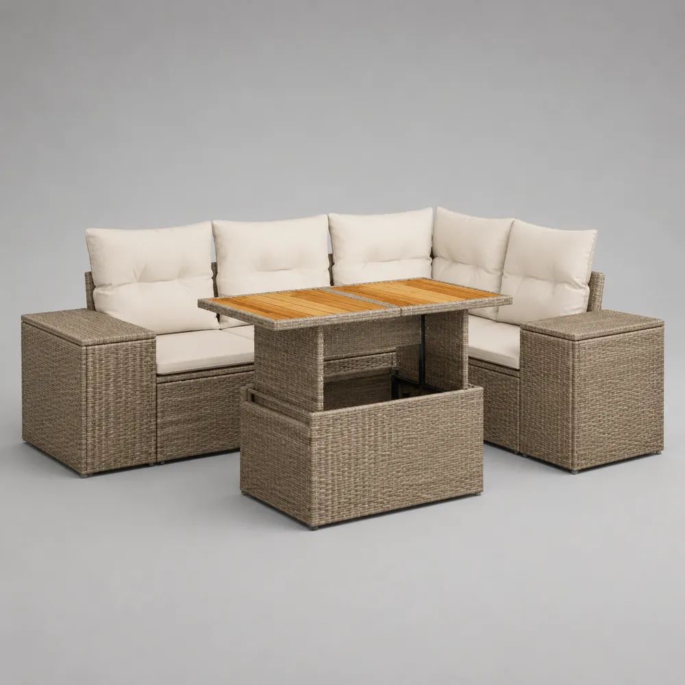 Salon de jardin d’angle 8 places en résine tressée taupe avec table relevable en bois et coussins crème, 236 × 236 × 75 cm