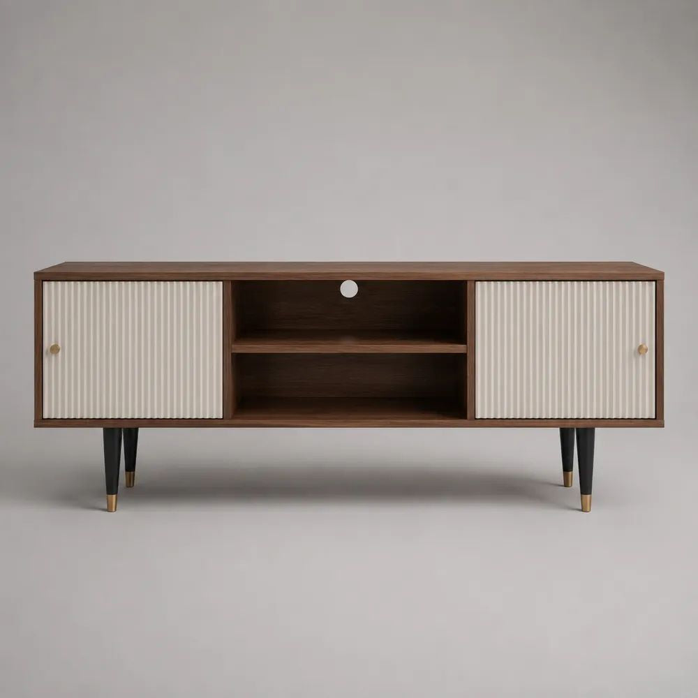 Meuble TV rectangulaire en panneaux de particules et MDF, 2 portes et 2 niches, noyer et blanc cassé, 160 × 40 × 65 cm