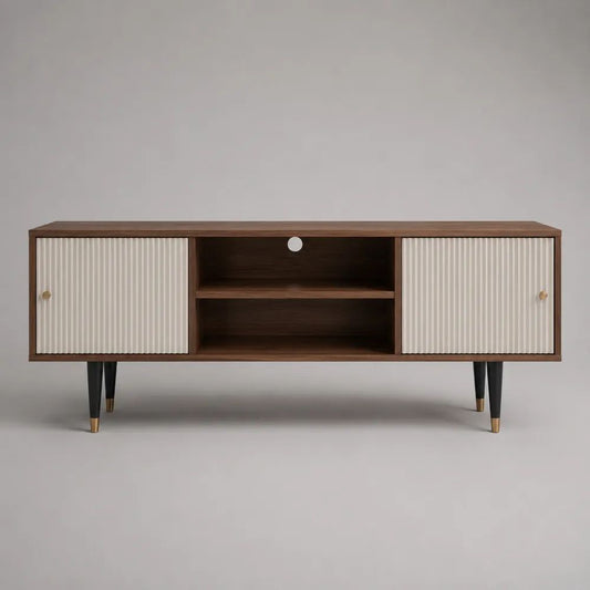 Meuble TV rectangulaire en panneaux de particules et MDF, 2 portes et 2 niches, noyer et blanc cassé, 160 × 40 × 65 cm