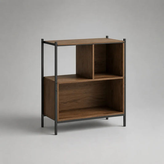 Bibliothèque étagère à 3 compartiments en panneaux de particules mélaminés et acier thermolaqué, noyer et noir, 80 × 35 × 100 cm