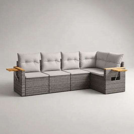 Salon de jardin d’angle droit 5 places en résine tressée grise avec coussins gris clair et tablettes en bois, 282 x 206 x 91 cm