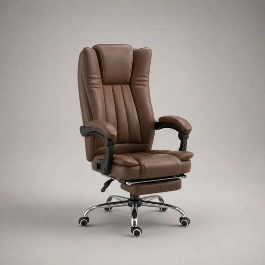 Fauteuil de bureau pivotant et inclinable à dossier haut en similicuir PU marron avec repose-pieds, 68 × 72 × 118 à 128 cm