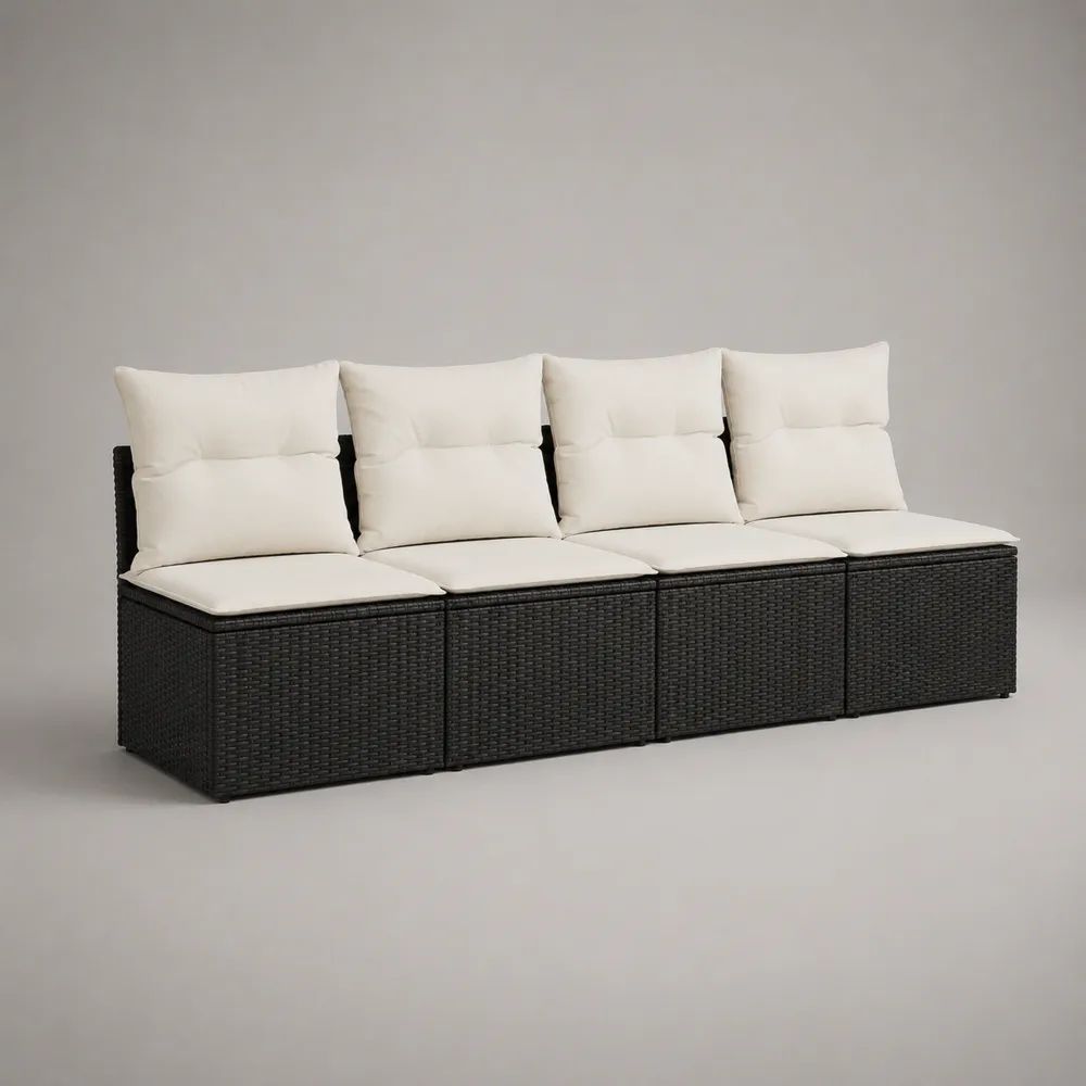 Canapé de jardin droit 4 places en résine tressée et acier noir avec coussins crème, 240 × 70 × 88 cm