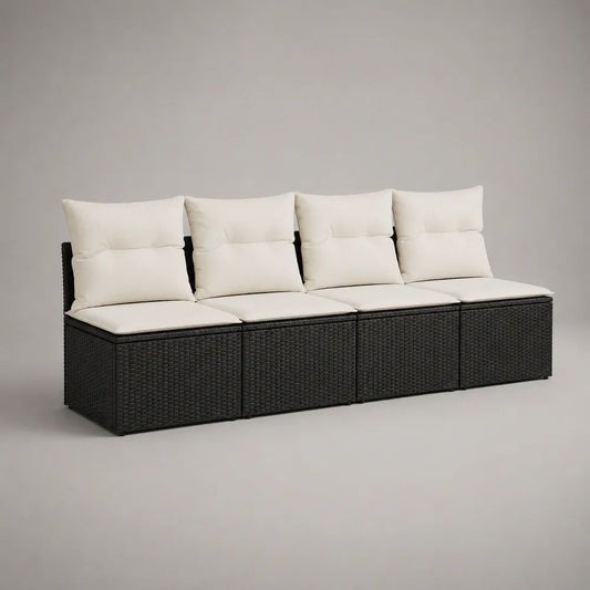 Canapé de jardin droit 4 places en résine tressée et acier noir avec coussins crème, 240 × 70 × 88 cm