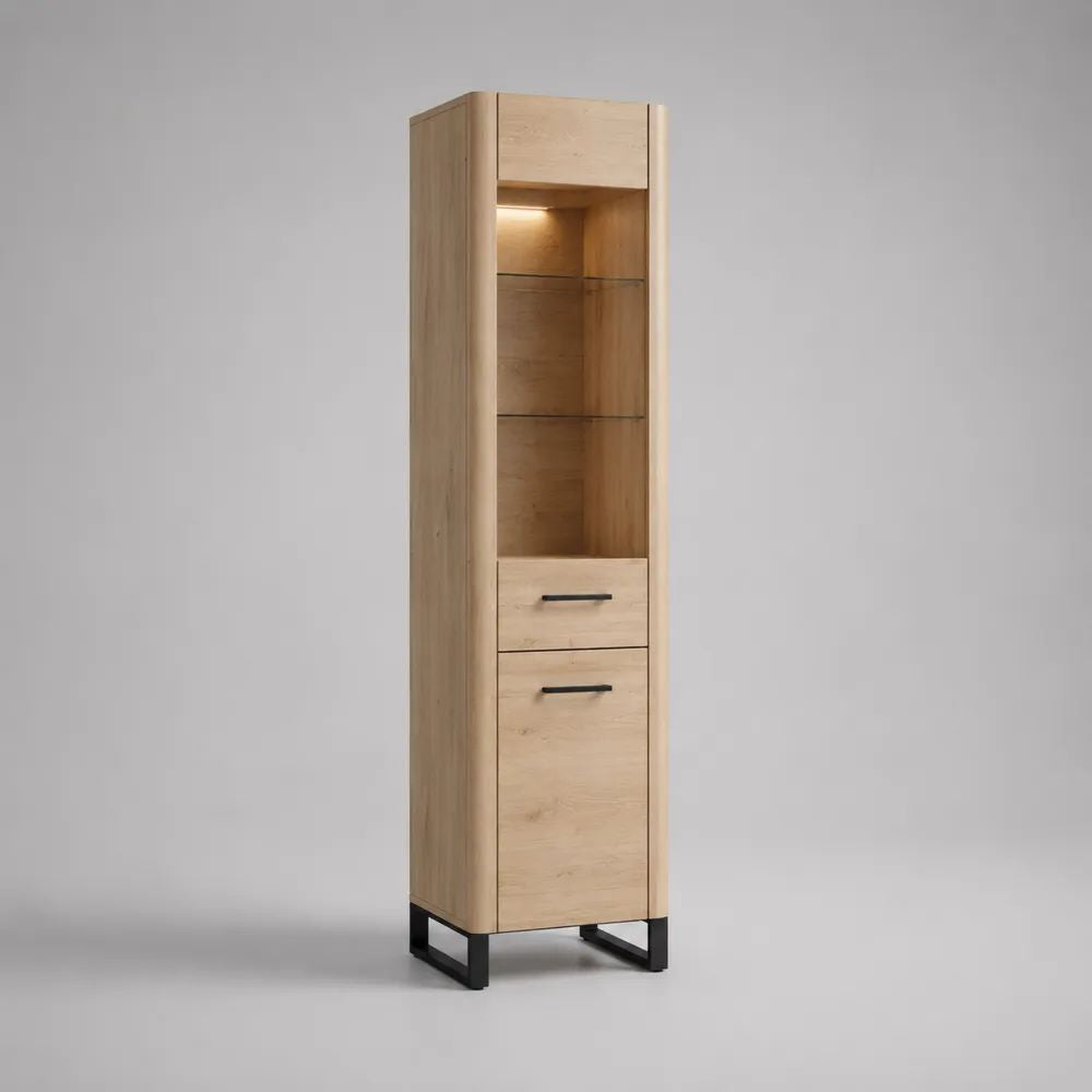 Vitrine colonne avec éclairage LED en bois, métal et verre, chêne clair, noir et transparent, 50 × 40 × 190 cm
