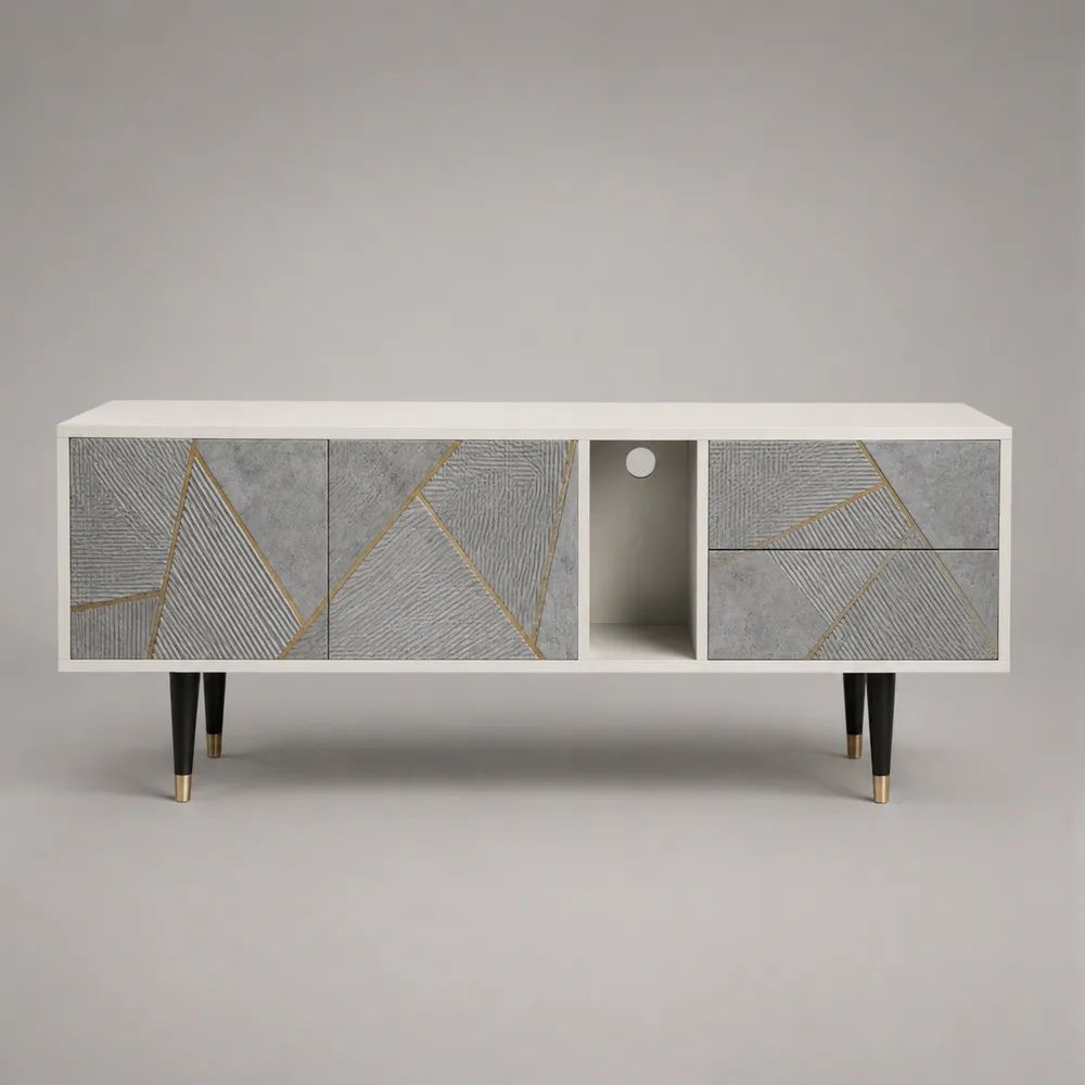 Meuble TV bas en panneaux de particules et MDF, 2 portes, 2 tiroirs et passe-câbles, blanc, gris, doré et noir, 140 x 40 x 65 cm