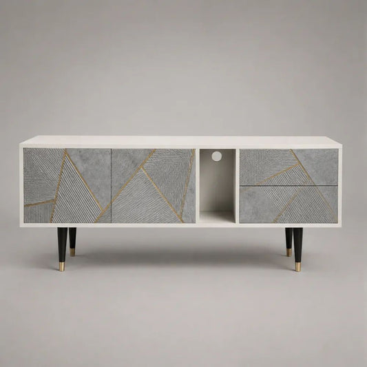Meuble TV bas en panneaux de particules et MDF, 2 portes, 2 tiroirs et passe-câbles, blanc, gris, doré et noir, 140 x 40 x 65 cm