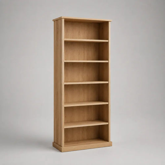 Bibliothèque rectangulaire en panneaux de particules plaqués chêne, 5 tablettes et 6 compartiments, marron clair, 180 × 80 × 30 cm