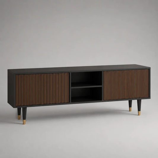 Meuble TV rectangulaire en MDF plaqué noyer avec rangements, noir, marron et laiton, 180 × 40 × 65 cm