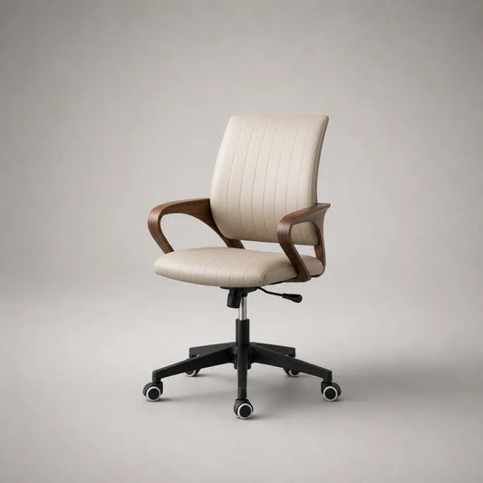 Fauteuil de bureau pivotant en similicuir beige crème et bois avec accoudoirs, réglable en hauteur, 61 × 62 × 92-102 cm