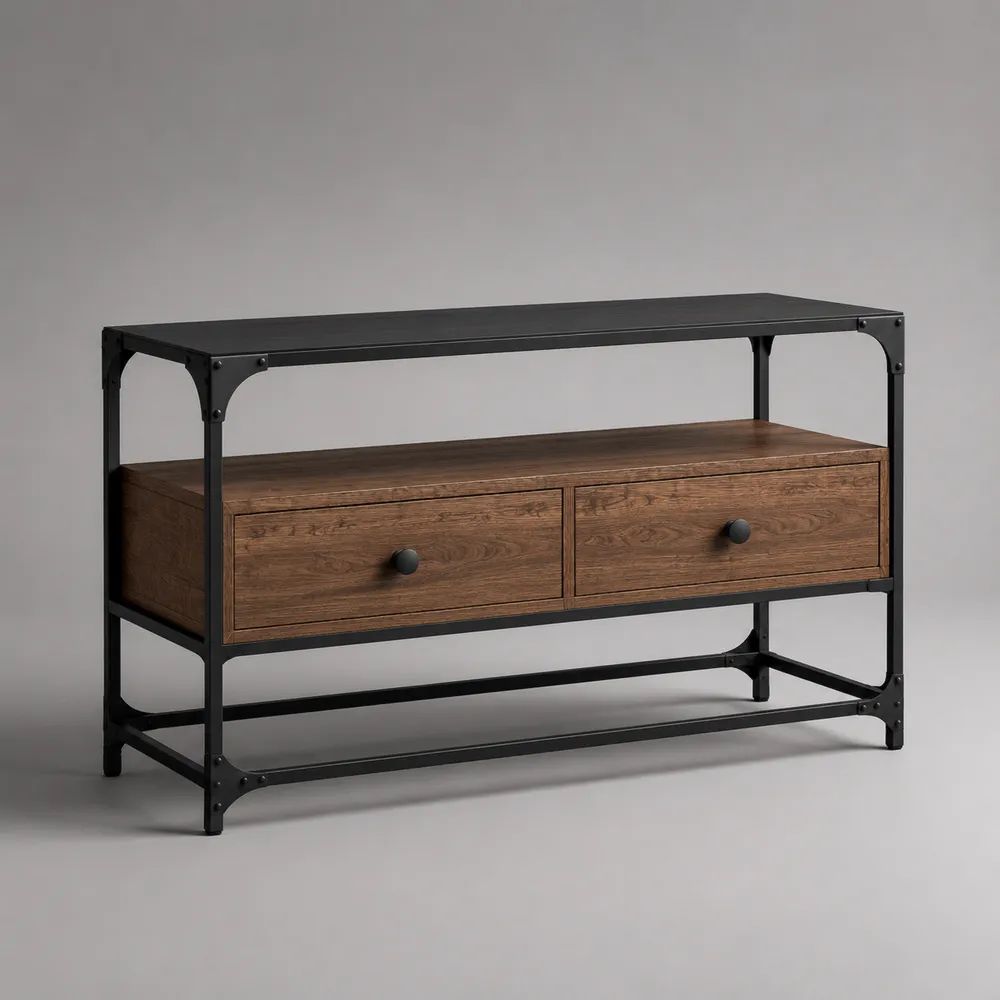 Meuble TV rectangulaire en acier et bois avec 2 tiroirs et étagère, marron et noir, 120 × 40 × 80 cm